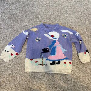 Handknit Vintage children sweater graphic cute 6 yrs purple spring cottagecore